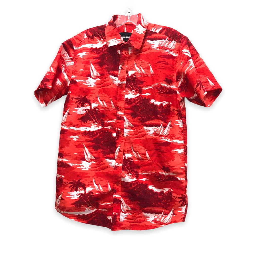 Vertical Sport Men's Size M Red/White Tropical Print  Button Down Casual Shirt